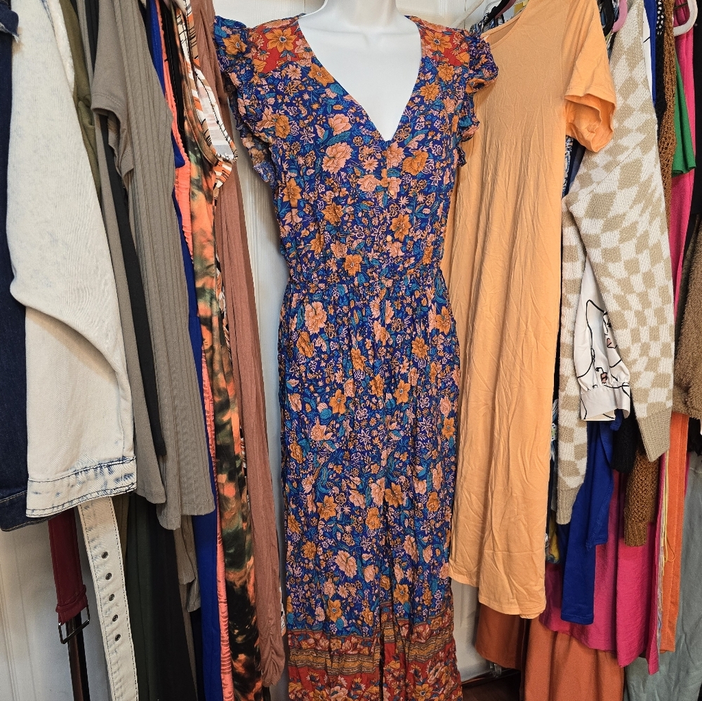 Floral Blue and Orange Maxi Dress